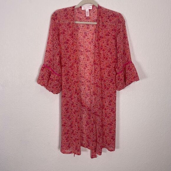 Oscar De La Renta Pink & Orange Patterned Semi Sheer Kimono Open Top - Picture 1 of 6
